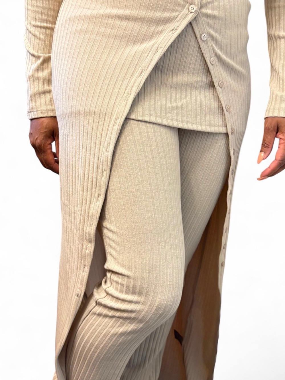 Finesse Off-Shoulder Ribbed Button-Front Knit Set in Beige - Picture 6 of 6